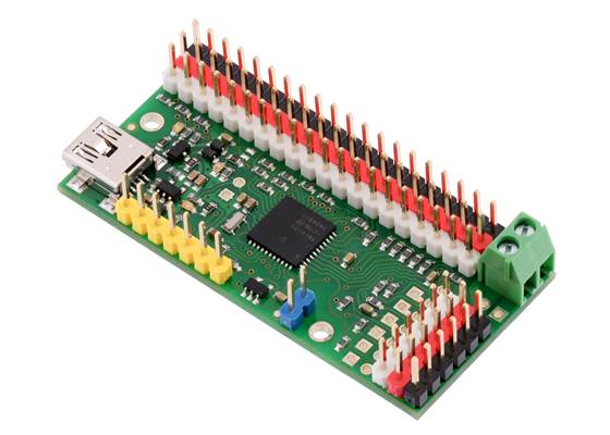 24-channel Mini Maestro (partial kit version) assembled with colored male header pins.