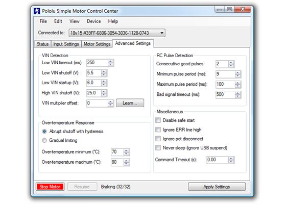 Advanced Settings tab in the Pololu Simple Motor Control Center.
