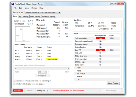 Status tab in the Pololu Simple Motor Control Center, with errors.