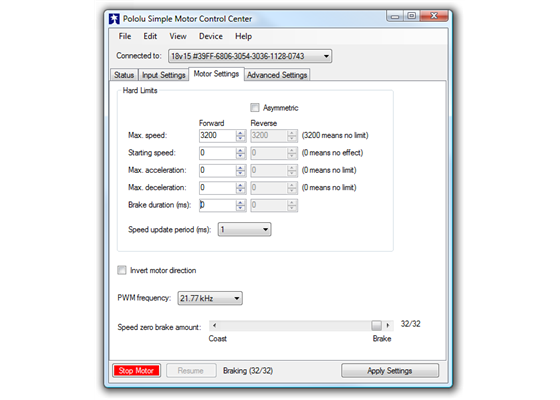 Motor Settings tab in the Pololu Simple Motor Control Center.