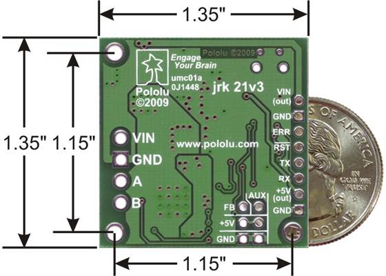 Pololu Jrk 21v3 USB motor controller with dimensions.