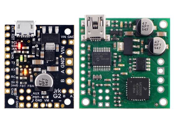Comparison of the newer Jrk G2 21v3 (black PCB) with the original Jrk 21v3 (green PCB).