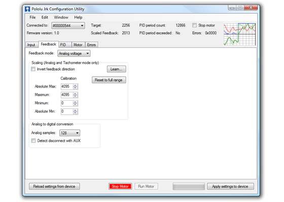 The Feedback tab of the Jrk Configuration Utility