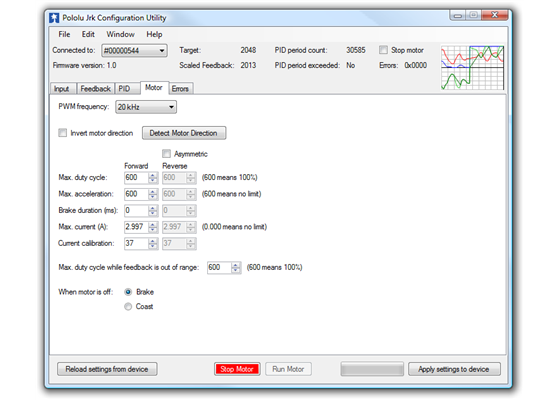 The Motor tab of the Jrk Configuration Utility