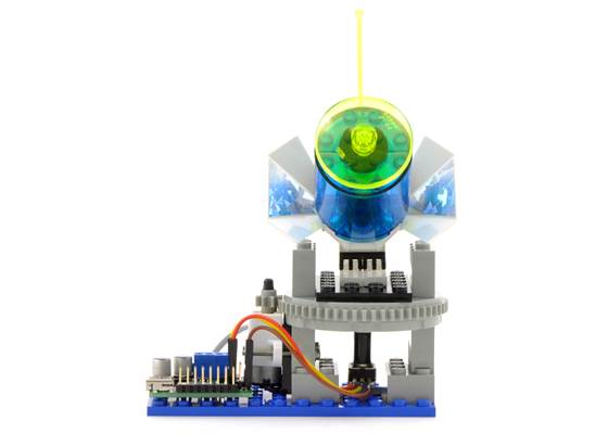 A basic feedback system controlling a LEGO turret with the Jrk 21v3, front view.
