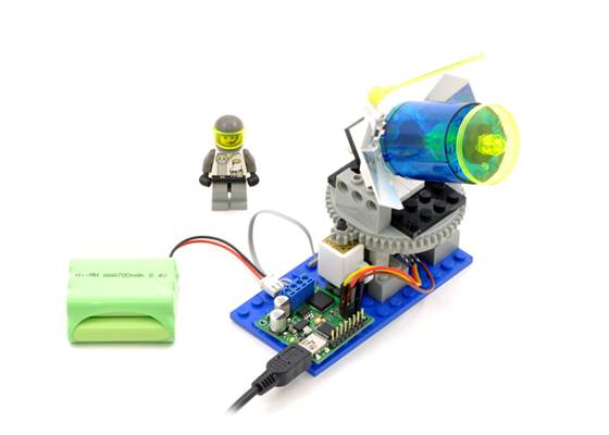 A basic feedback system controlling a LEGO turret with the Jrk 21v3.
