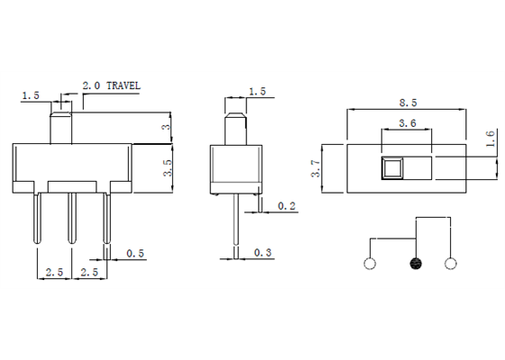 Mini slide switch dimensions (in mm).