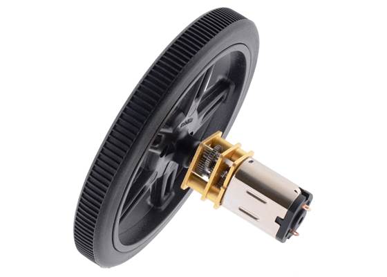 Black Pololu Wheel 60&#215;8mm on a Pololu Micro Metal Gearmotor.