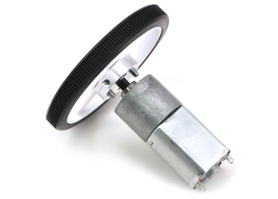 White Pololu Wheel 60&#215;8mm on a Pololu 20D&nbsp;mm Metal Gearmotor.