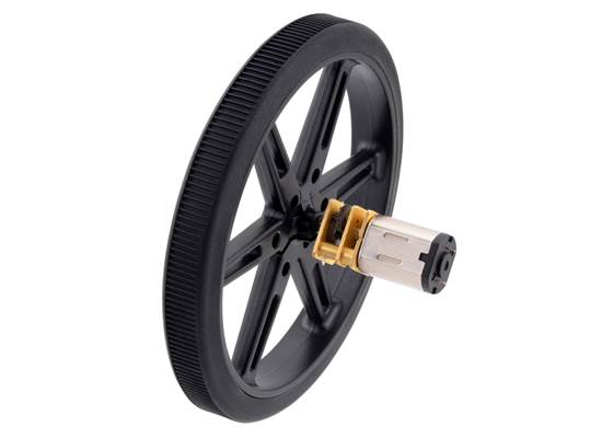 Black Pololu Wheel 80x10mm on a Pololu Micro Metal Gearmotor.