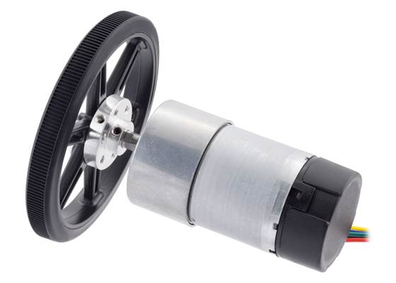 Black Pololu Wheel 80x10mm on a Pololu 37D&nbsp;mm Metal Gearmotor.