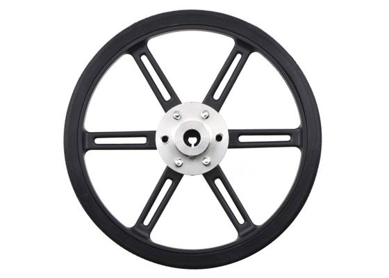 Pololu Universal Mounting Hub for 6mm Shaft mounted to Pololu Wheel 90&#215;10mm.