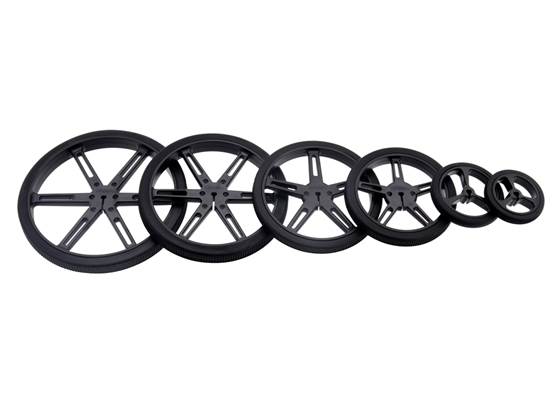 Black Pololu Wheels with 90, 80, 70, 60, 40, and 32&nbsp;mm diameters (other colors available).