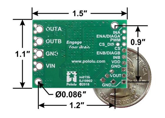 VNH5019 motor driver carrier, bottom view with dimensions.