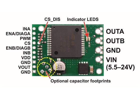 VNH5019 motor driver carrier, labeled top view.