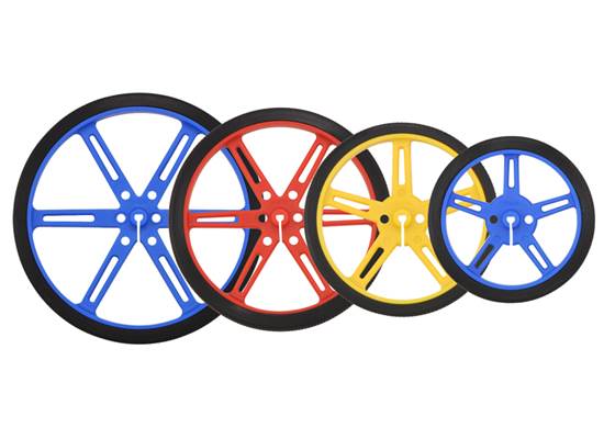 Pololu Wheels with 90, 80, 70, and 60&nbsp;mm diameters in three colors: blue, red, and yellow.
