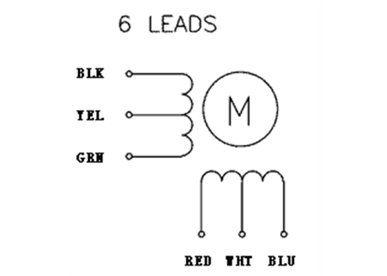 6-lead, unipolar/bipolar stepper motor wiring diagram.