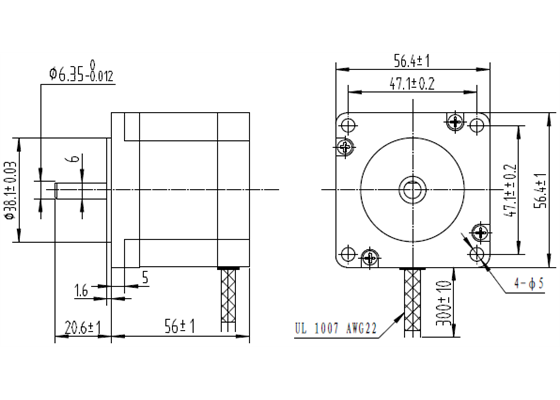 Dimensions (in mm) of 57mm square (NEMA 23) by 56mm stepper motor.