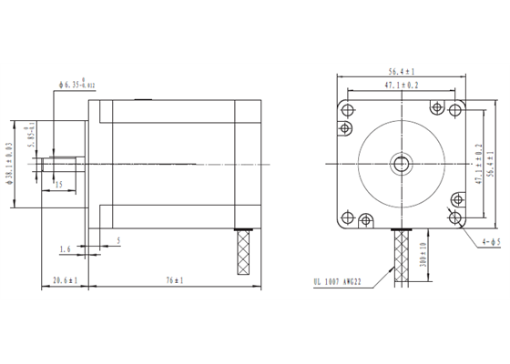 Dimensions (in mm) of 57mm square (NEMA 23) by 76mm stepper motor.
