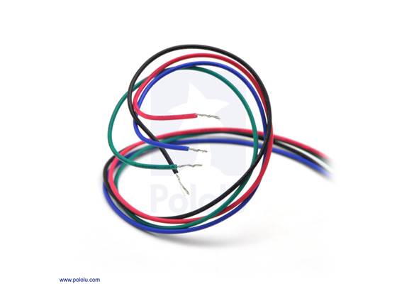 Bipolar stepper motor wires are terminated with bare leads.