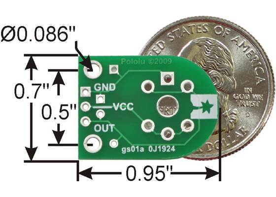 Pololu MQ gas sensor carrier dimensioned with quarter for size reference.