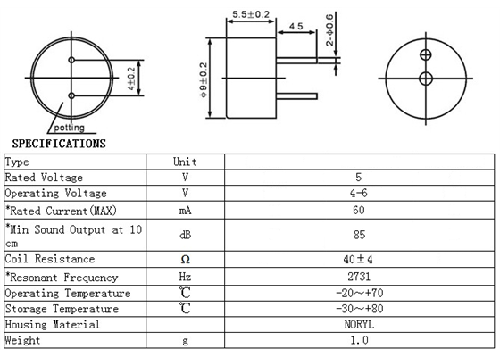 Dimensions (in mm) and specifications for the 9mm Electromagnetic Buzzer: 40Ω, 4-6V, Top Opening.
