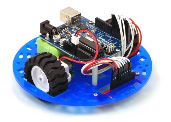 Pololu 5&quot; round robot chassis RRC04A with an Arduino Duemilanove and a QTR sensor array.