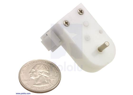 Mini plastic gearmotor offset 3mm D-shaft output with U.S. quarter for size reference.