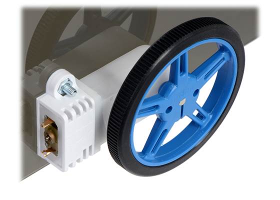 60&#215;8mm Pololu wheel and 90° mini plastic gearmotor mounted with a wide mini plastic gearmotor bracket (with spacer).