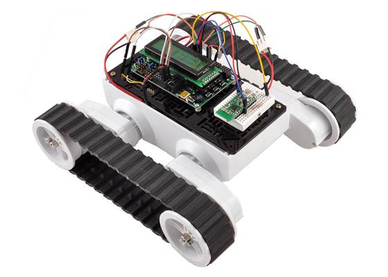 Dagu Rover 5 chassis with Orangutan SVP robot controller and additional electronics mounted to an RP5/Rover 5 expansion plate (narrow).