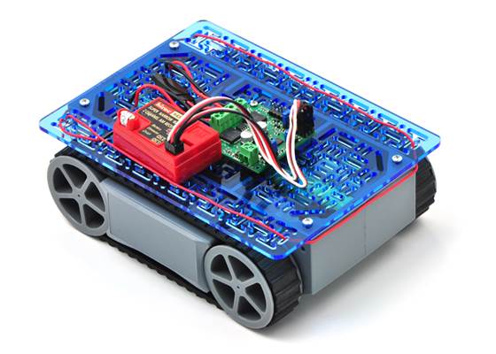 Pololu RP5/Rover 5 wide expansion plate with a TReX Jr. and an RC receiver.