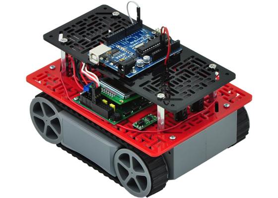 Two RP5/Rover 5 expansion plates with an Orangutan SV-328 and an Arduino Duemilanove.