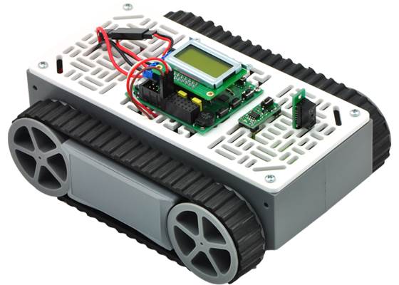 A narrow RP5/Rover 5 expansion plate with an Orangutan SV-328 and a Sharp digital distance sensor.