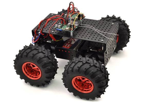 Two Pololu Simple Motor Controllers enable mixed RC-control of Dagu Wild Thumper 4WD all-terrain chassis.