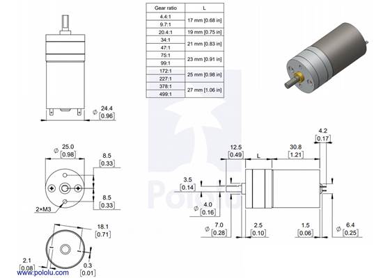 Dimensions of the Pololu 25D mm metal gearmotors without encoders. Units are mm over [inches].