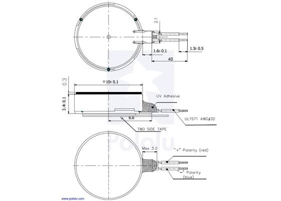 Dimension diagram (in mm) for the shaftless vibration motor 10&#215;3.4mm.