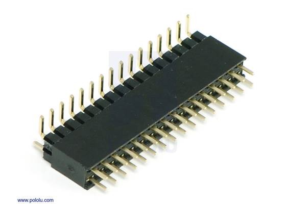 0.100&quot; (2.54 mm) female header with 0.100&quot; male headers plugged into it.