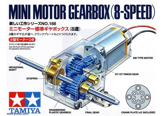 Box front for Tamiya mini motor gearbox (8-speed) kit.