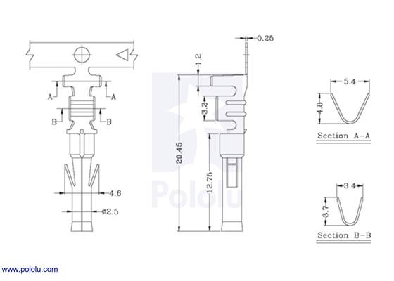 Female Tamiya connector crimp pin dimensions (in mm).