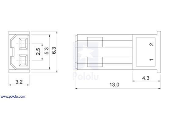 Female JST RCY plug dimensions (in mm).