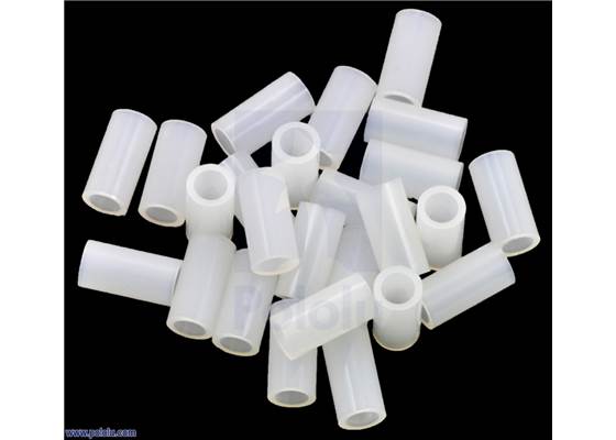 Nylon spacer: 10mm length, 5mm OD, 3.3mm ID (25-pack).