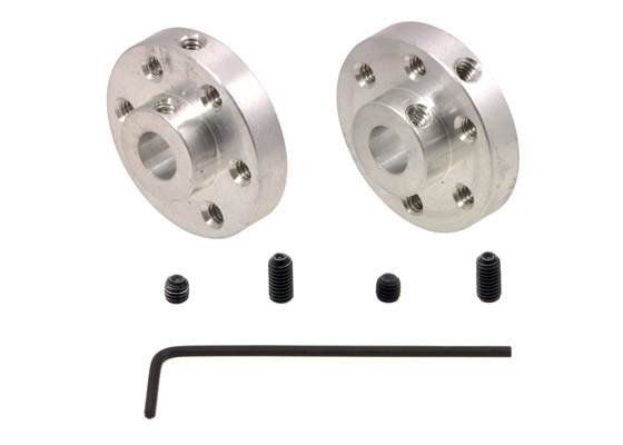 A pair of Pololu universal aluminum mounting hubs for 1/4&nbsp;inch diameter shafts.