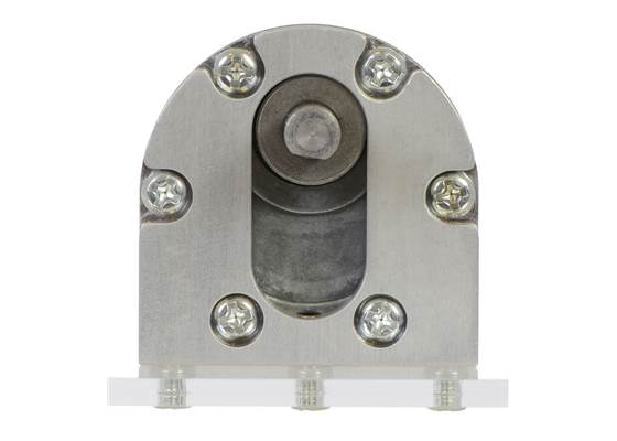 Pololu machined aluminum bracket for 37D&nbsp;mm metal gearmotors mounting a motor to a clear piece of acrylic, front view.