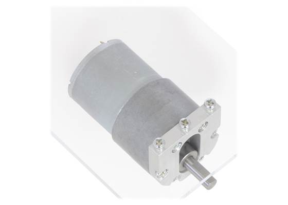 Pololu machined aluminum bracket for 37D&nbsp;mm metal gearmotors mounting a motor to a clear piece of acrylic, bottom view.