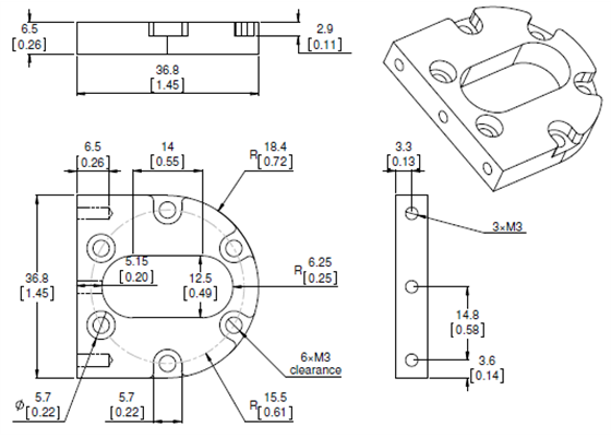 Dimensions of Pololu machined aluminum bracket for 37D&nbsp;mm metal gearmotors (mm over [in]).