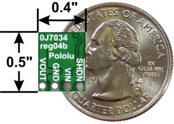 Pololu step-down voltage regulator D36V6Fx/D24V6Fx/D24V3Fx, bottom view with dimensions.