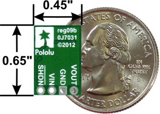 Pololu step-up/step-down voltage regulator S7V8A, S7V8F3, or S7V8F5, bottom view with dimensions.
