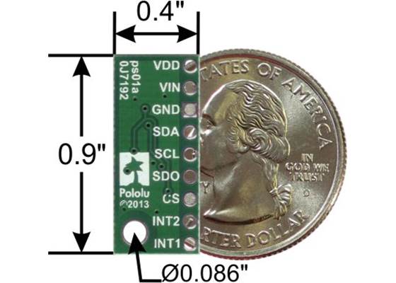 LPS331AP pressure/altitude sensor carrier with voltage regulator, bottom view with dimensions.
