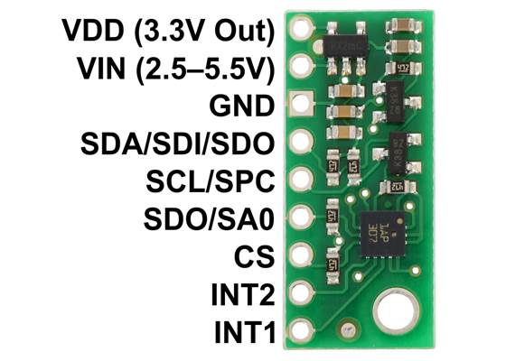 LPS331AP pressure/altitude sensor carrier with voltage regulator, labeled top view.
