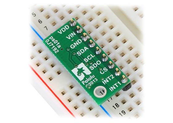 LPS331AP pressure/altitude sensor carrier with voltage regulator in a breadboard.